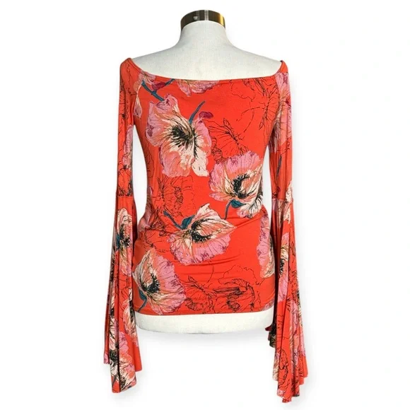 FREE PEOPLE WE THE FREE ORANGE FLORAL OFF THE SHOULDER BELL SLEEVE FITTED TOP - Picture 7 of 15